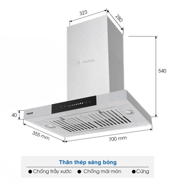 Kích thước Hút mùi chữ T slim – FEUER T59S